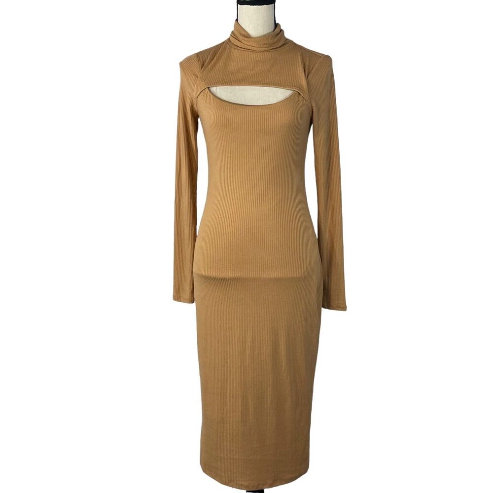 And Now This X-Small Midi Bodycon Dress Turtleneck Long Sleeve Stretch Tan Lined